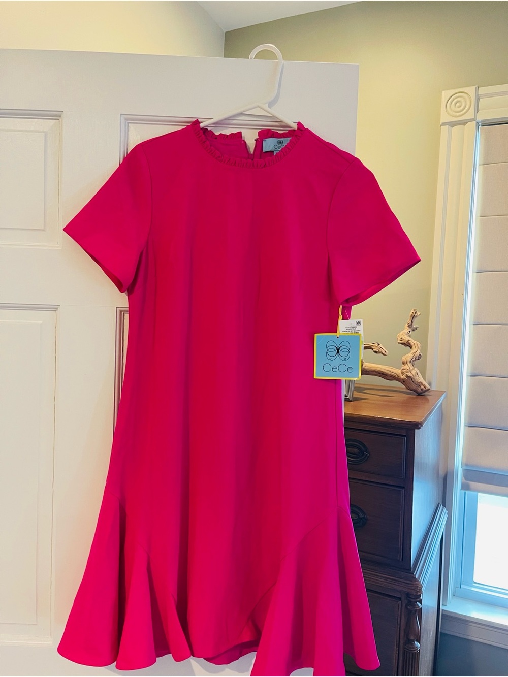 CeCe Vibrant Pink Short Sleeve Ruffle Neck Mini Dress